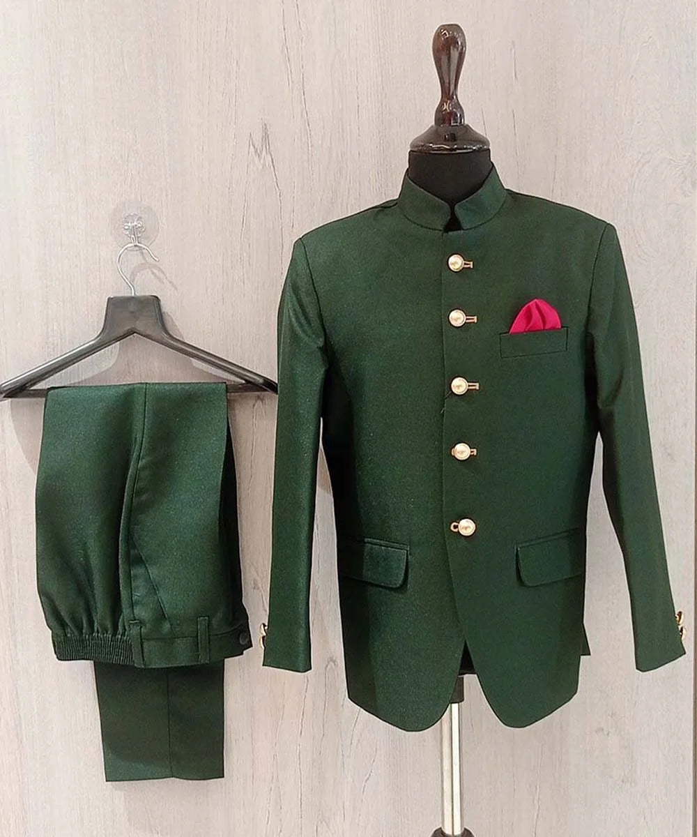 Pre-Order: Bottle Green Colored Jodhpuri Suit Set for Formal Occasions (DM For Price)