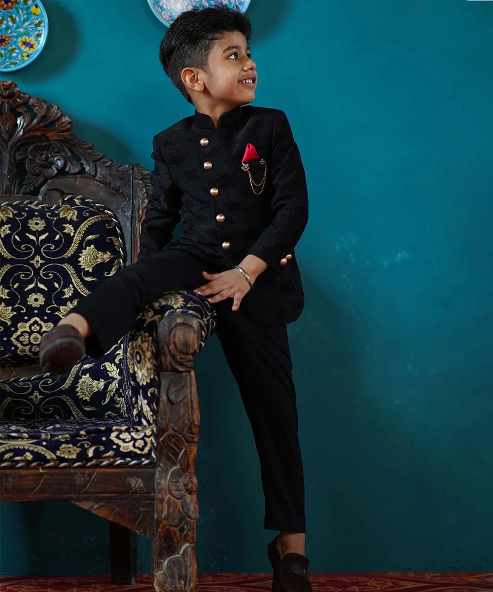 Pre-Order: Black Self Jacquard Design Jodhpuri Suit for Boys (DM For Price)