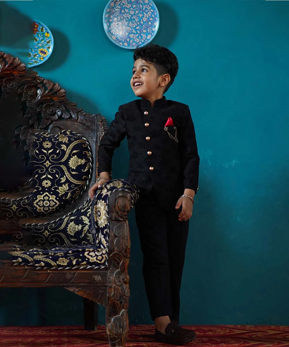 Pre-Order: Black Self Jacquard Design Jodhpuri Suit for Boys (DM For Price)