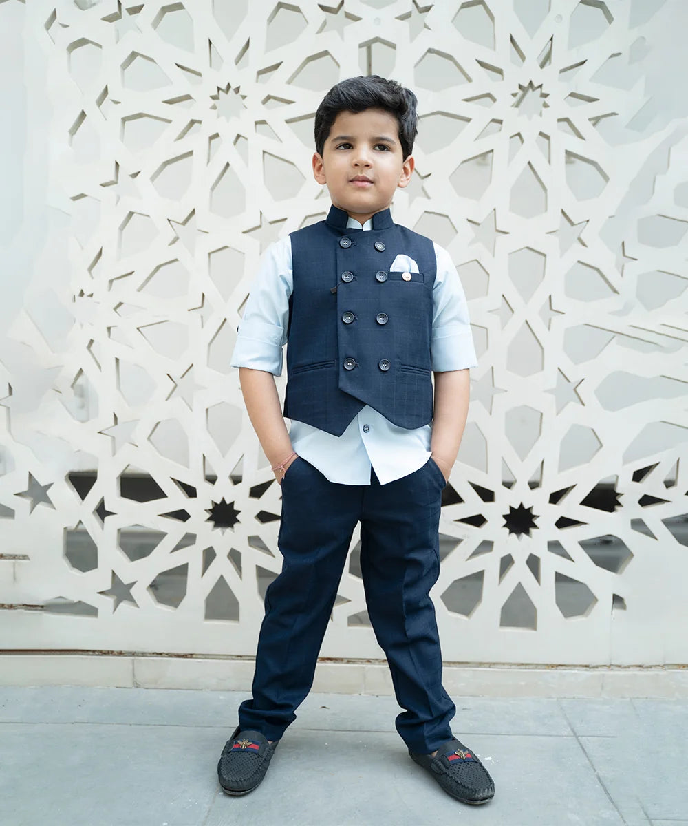 Navy Color Self-Checked Party Wear Waist Coat Set for Boys