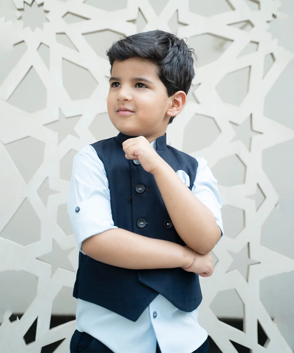 Navy Color Self-Checked Party Wear Waist Coat Set for Boys