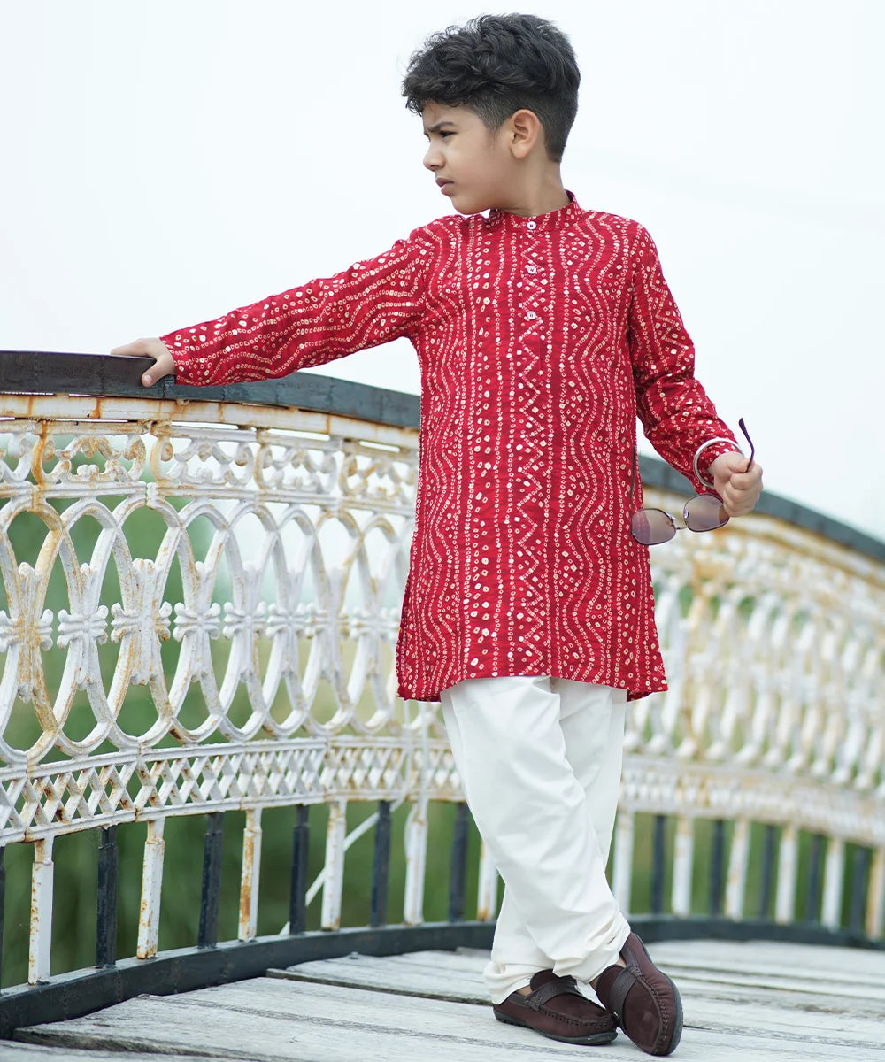 Red Bhandej Kurta with White Pajama for Boys