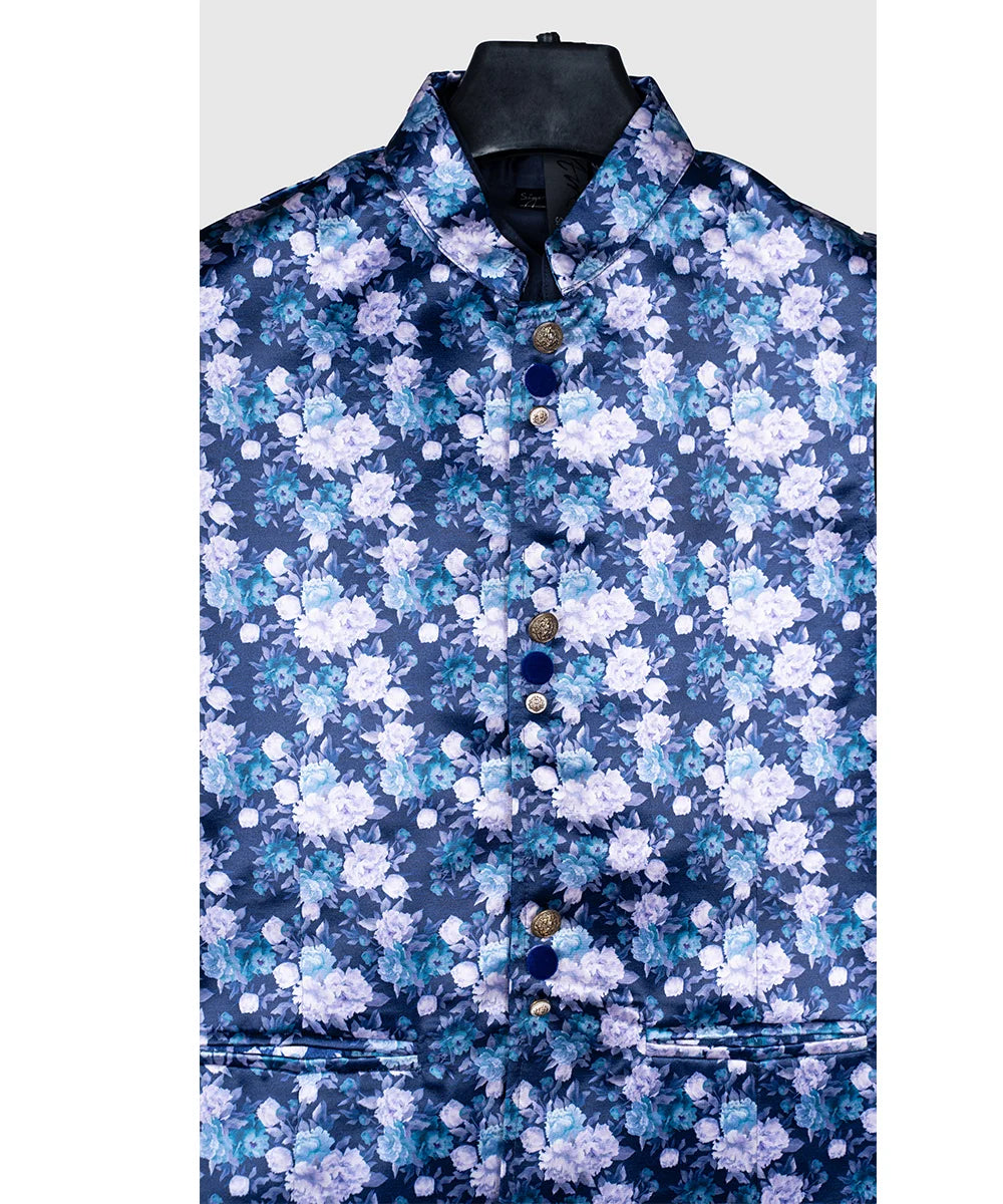 Navy Colored Floral Printed Waist Coat Set for 14 Year Old Boy