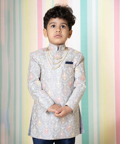 Pre-Order : Steel Color Self Embroidered Sherwani for Wedding Function (DM For Price)