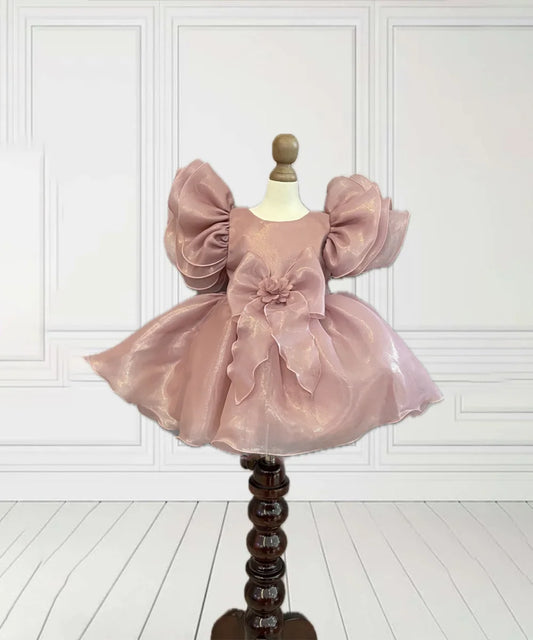It's a cute onion pink coloured birthday frock with a back zip closure. A perfect marriage wear for girls. It features a big bow on the waist and a fabric belt to be tied at the back.