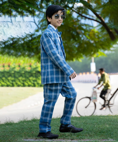 Blue Checked Coat Suit for Boys for Wedding Party