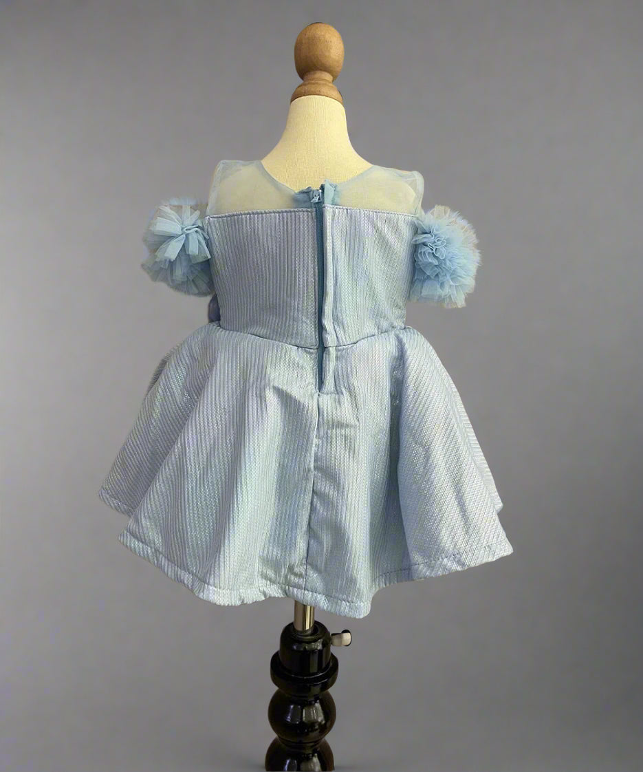 back view for shiny sky blue frock for baby girls