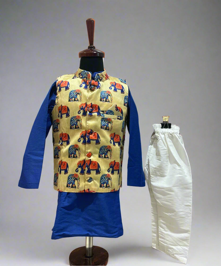 royal blue kurta with pajama & yellow printed nehru jacket for boys