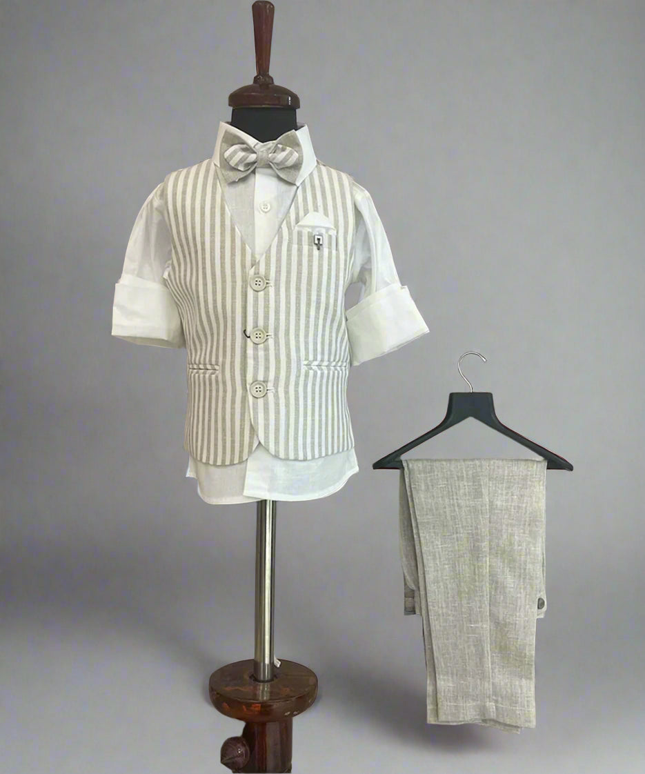white shirt & formal beige pants paired with beige striped waist coat & bow for boys