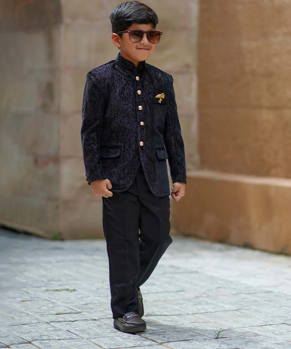 Celebrity Style Black Jodhpuri Suit Set for Boys