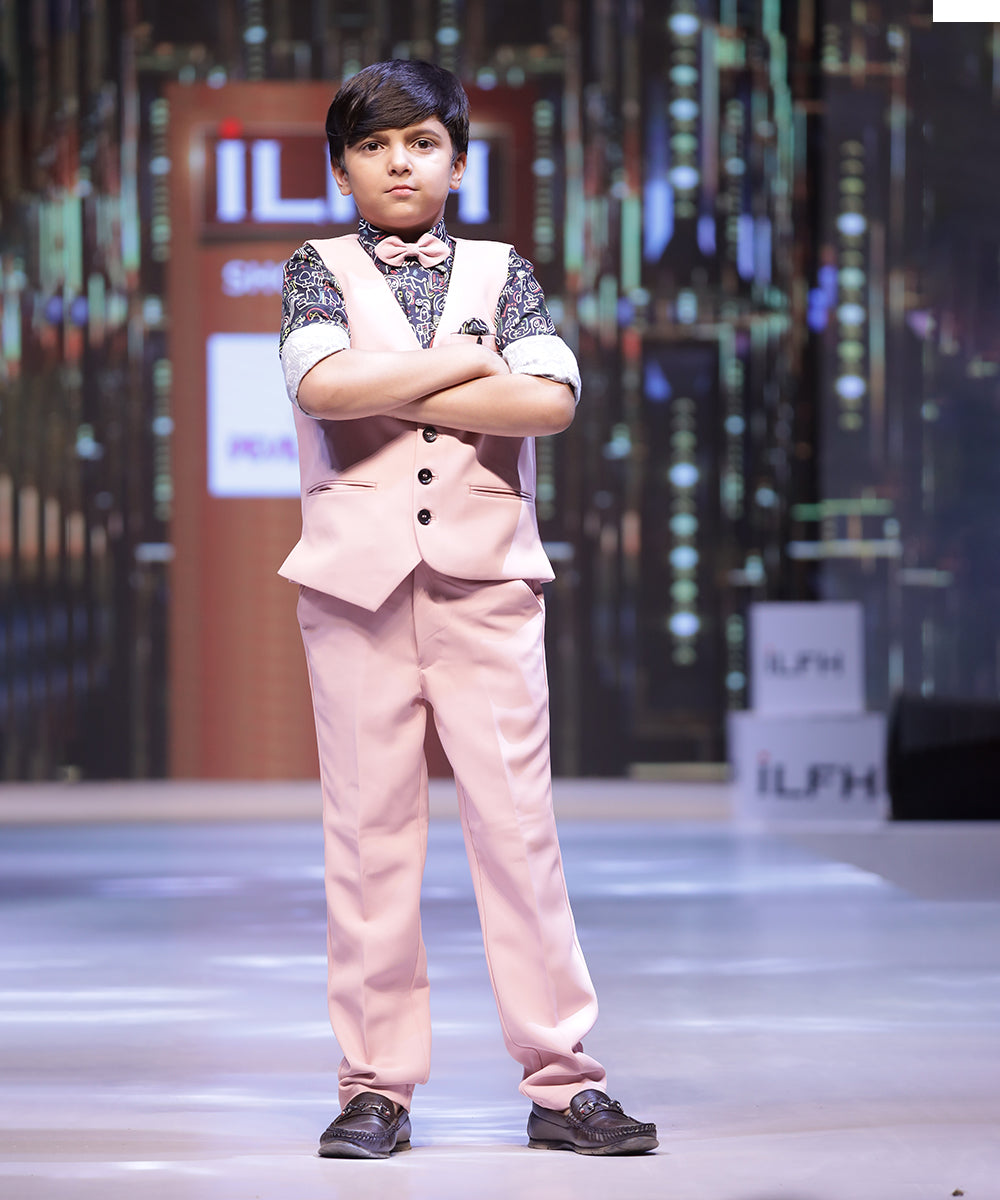 Peach Color Waist Coat Set with Printed Shirt For Boys