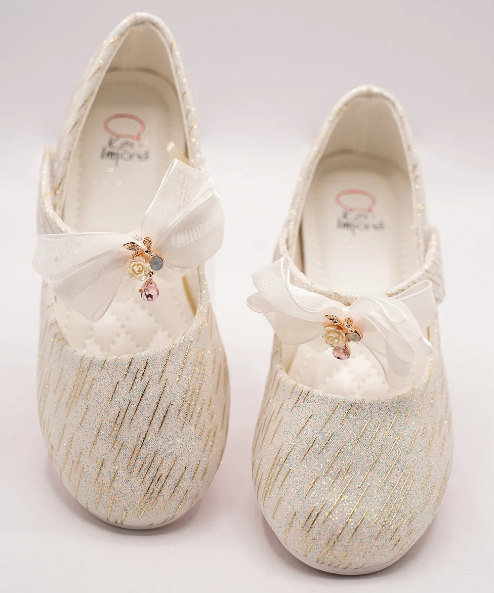 Baby Girls’ Sparkly Ivory Dress Shoes with Embellished Bow – Jaipur