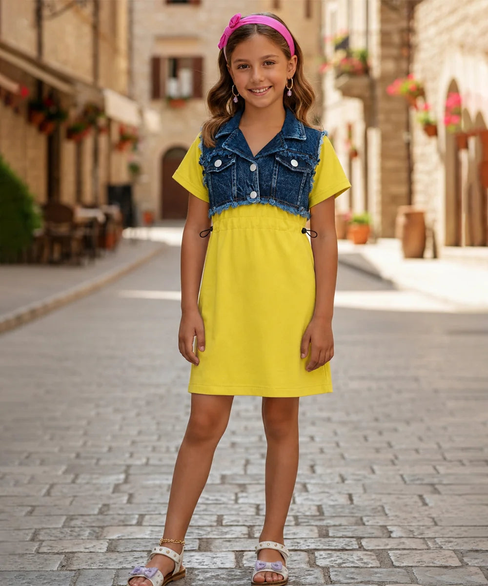 Devils N Angels Yellow Dress with Denim Jacket for Girls Jaipur – Devils n Angels Wedding Wear Birthday Party Wear For Kids Jaipur