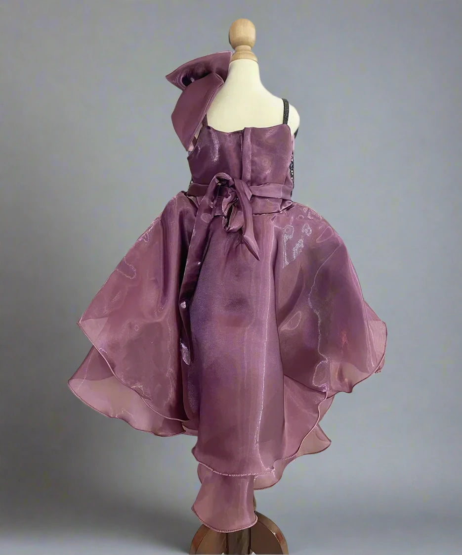 back view of wine fancy baby girl frock