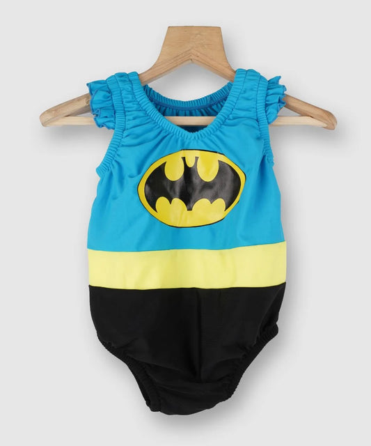  It’s a cute blue and black Colored kid girl swimsuit online that comes with a bat print and frill detailing.