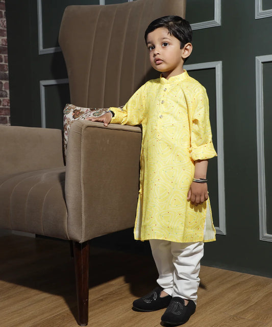  It is a classic yellow Colored kurta teamed up with a matching pyjama that comes with an elasticated waist, perfect for festive and small ceremonies.