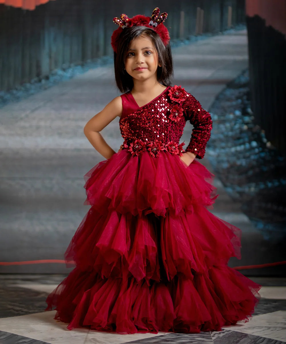 Gown Kids Frill Frock Maroon Ruffle Party Wear Gown For Girls