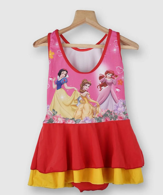 It's a multi-colored Disney princess-printed swimsuit for little girls.