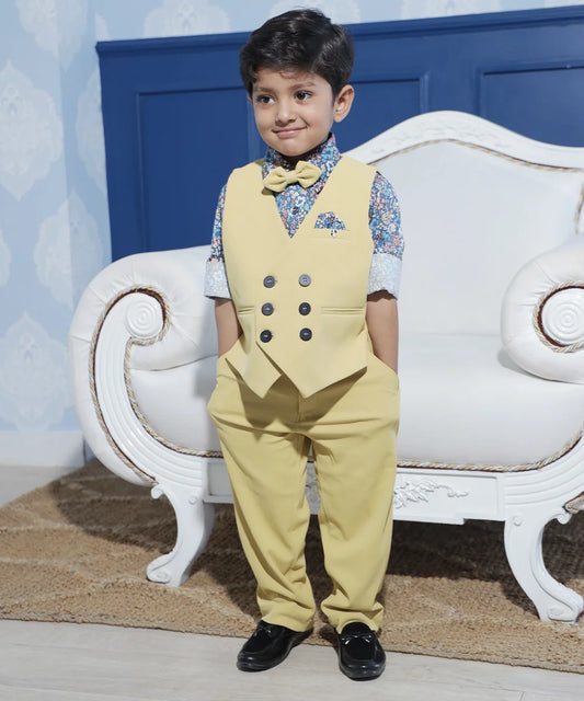  This boys party clothes set consists of a yellow Coloured waistcoat, matching pants and a self-printed blue Coloured shirt.