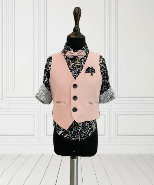 This boys party clothes set consists of a light pink Coloured waistcoat, matching pants and a self-printed shirt. It features a matching bow, a cute broach and a printed pocket square that uplifts the entire look.