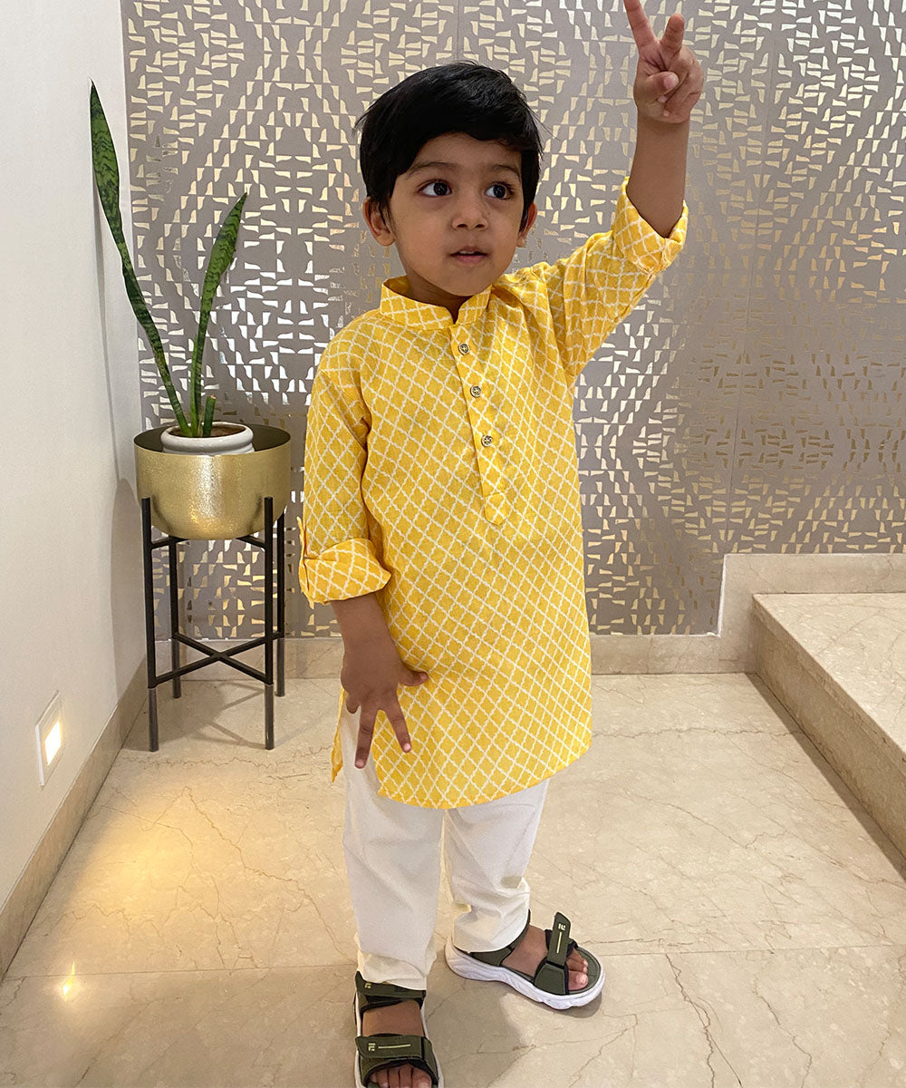 Yellow Boys Kurta Pyjama Jaipur Checked Designer Cotton Set