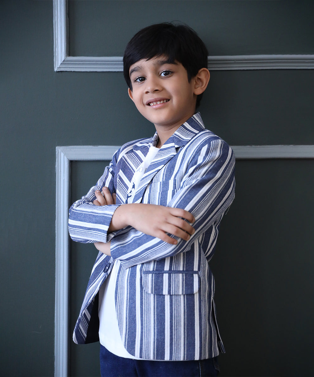 Blue and White Coloured Self Striped Blazer Set for Boys Devils n Angels