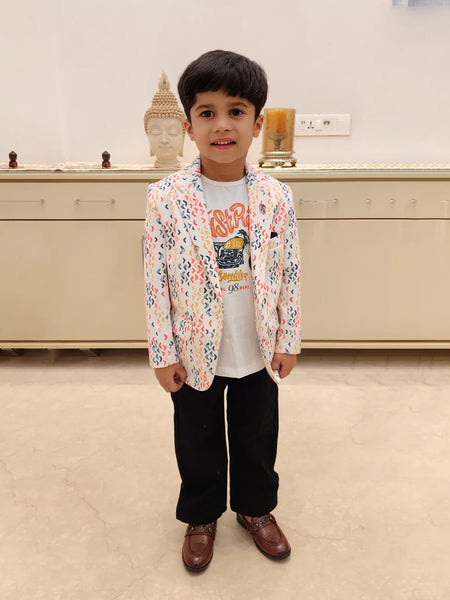 Modern White printed Boys Blazer for Kids – Jaipur Fashion Edit