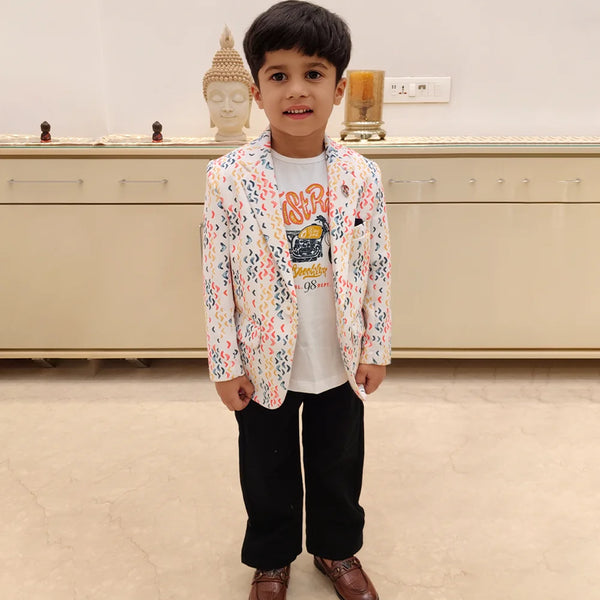 Modern White printed Boys Blazer for Kids – Jaipur Fashion Edit