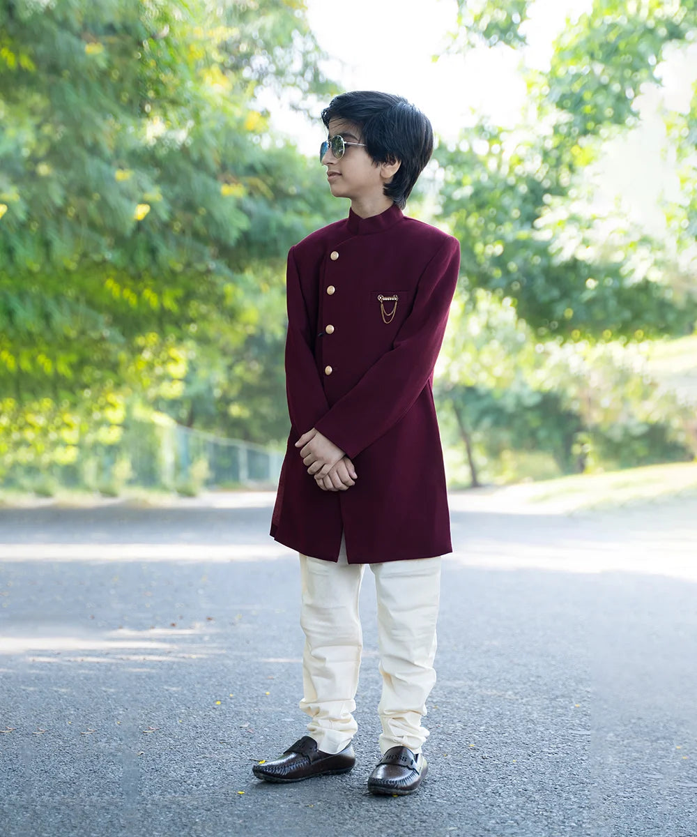 Maroon Colored Achkan Set for Wedding for Boys