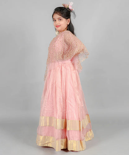 Light Pink and Golden Colored Party Wear Gown with fancy Cape
