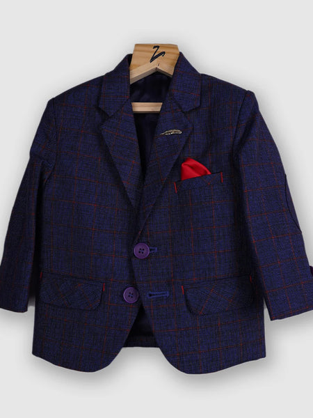 It is an elegant navy blue color textured blazer only. It features a cute broach and pocket square detailing, making it a stylish piece of party attire.