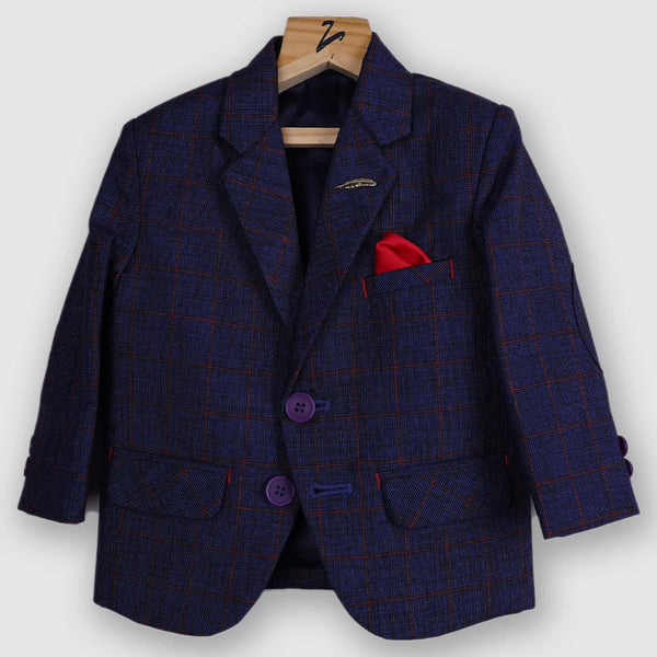 It is an elegant navy blue color textured blazer only. It features a cute broach and pocket square detailing, making it a stylish piece of party attire.