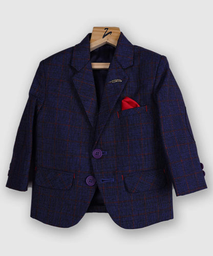 It is an elegant navy blue color textured blazer only. It features a cute broach and pocket square detailing, making it a stylish piece of party attire.