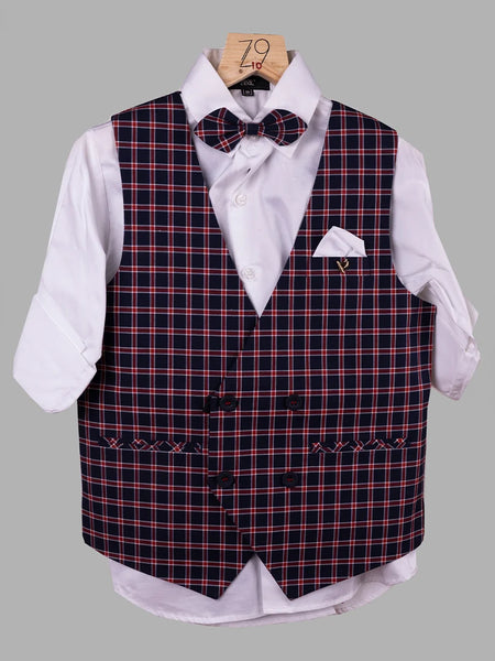 It’s a beautiful red and blue colour checked waistcoat teamed up with a nice white colour shirt and matching pants for a party for boys. It features a cute checked bow and a matching pocket square. 