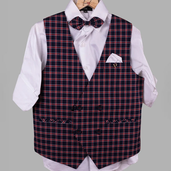 It’s a beautiful red and blue colour checked waistcoat teamed up with a nice white colour shirt and matching pants for a party for boys. It features a cute checked bow and a matching pocket square. 