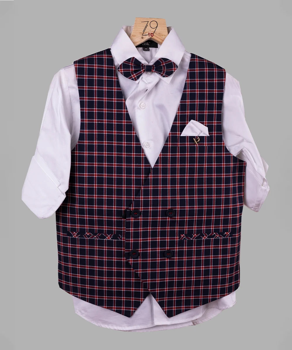 It’s a beautiful red and blue colour checked waistcoat teamed up with a nice white colour shirt and matching pants for a party for boys. It features a cute checked bow and a matching pocket square. 