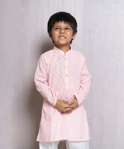 Pink Color Checks Chikan Kurta Pajama for Boys
