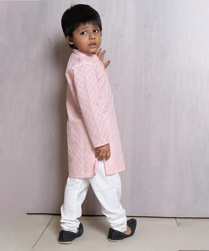 Pink Color Checks Chikan Kurta Pajama for Boys