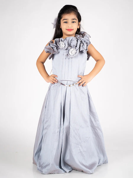 It is a  grey Colored gown paired up with a metallic Colored belt. It features floral and pleated detailing on the dress.