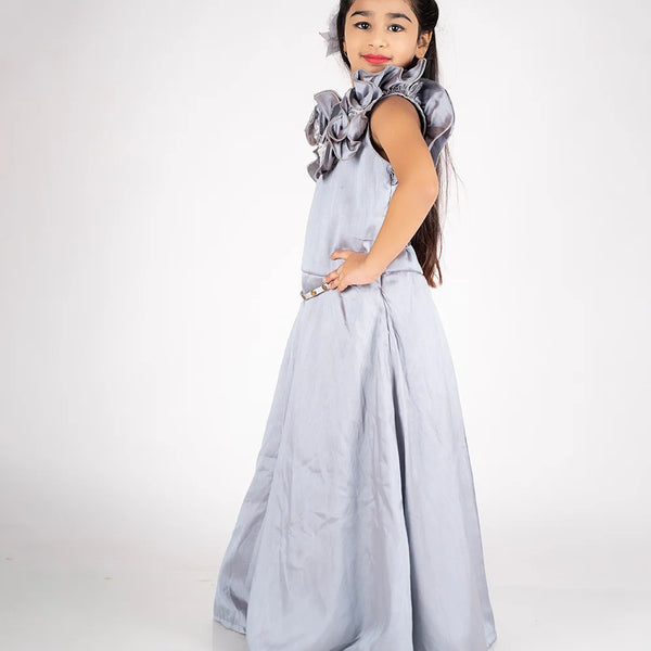 grey floral long gown for girls 