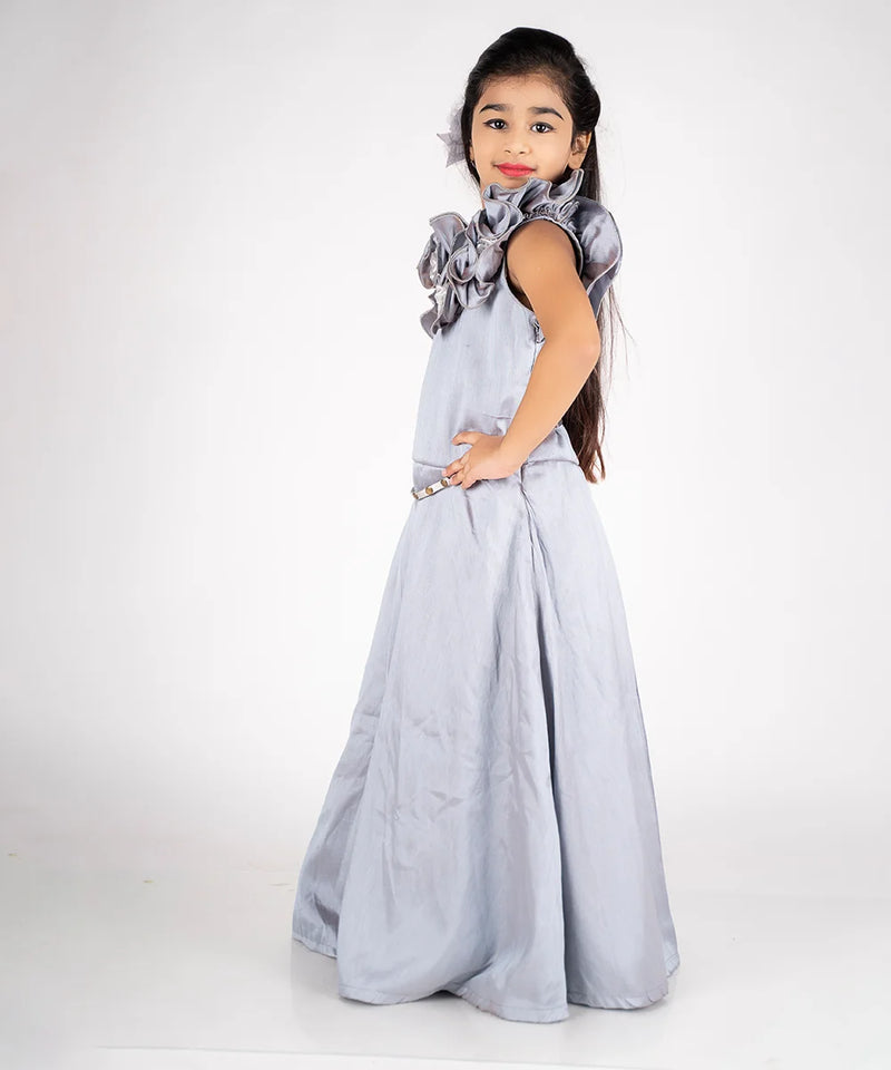grey floral long gown for girls 