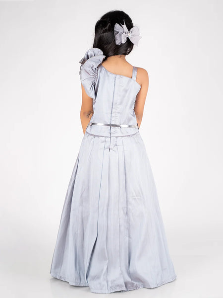 back view of grey long gown for girls 