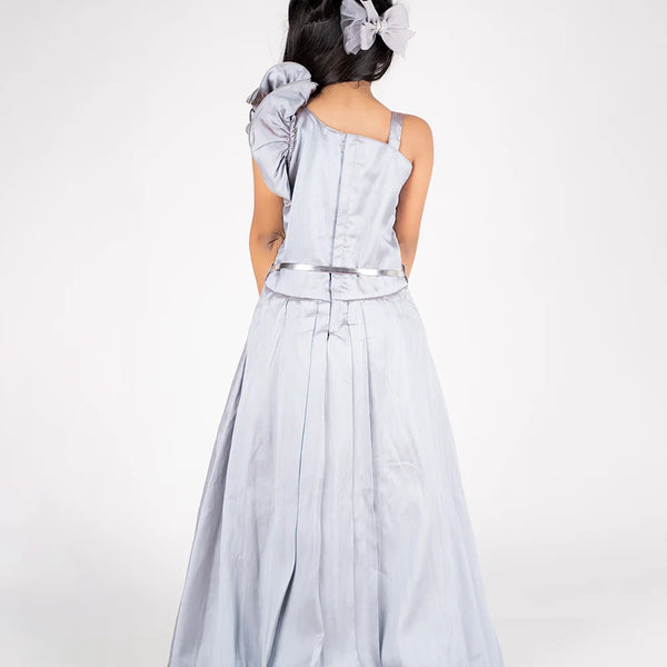 back view of grey long gown for girls 