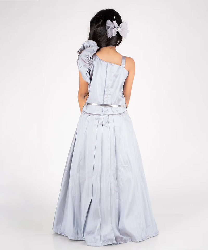 back view of grey long gown for girls 