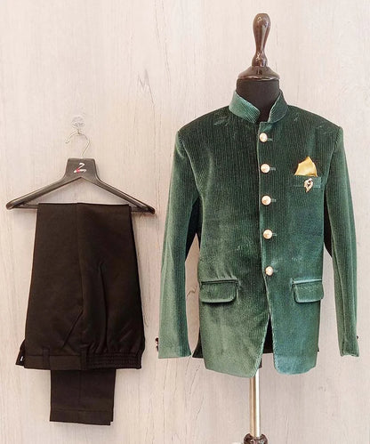 Pre-Order: Bottle Green Rich Velvet Jodhpuri Suit for Boys