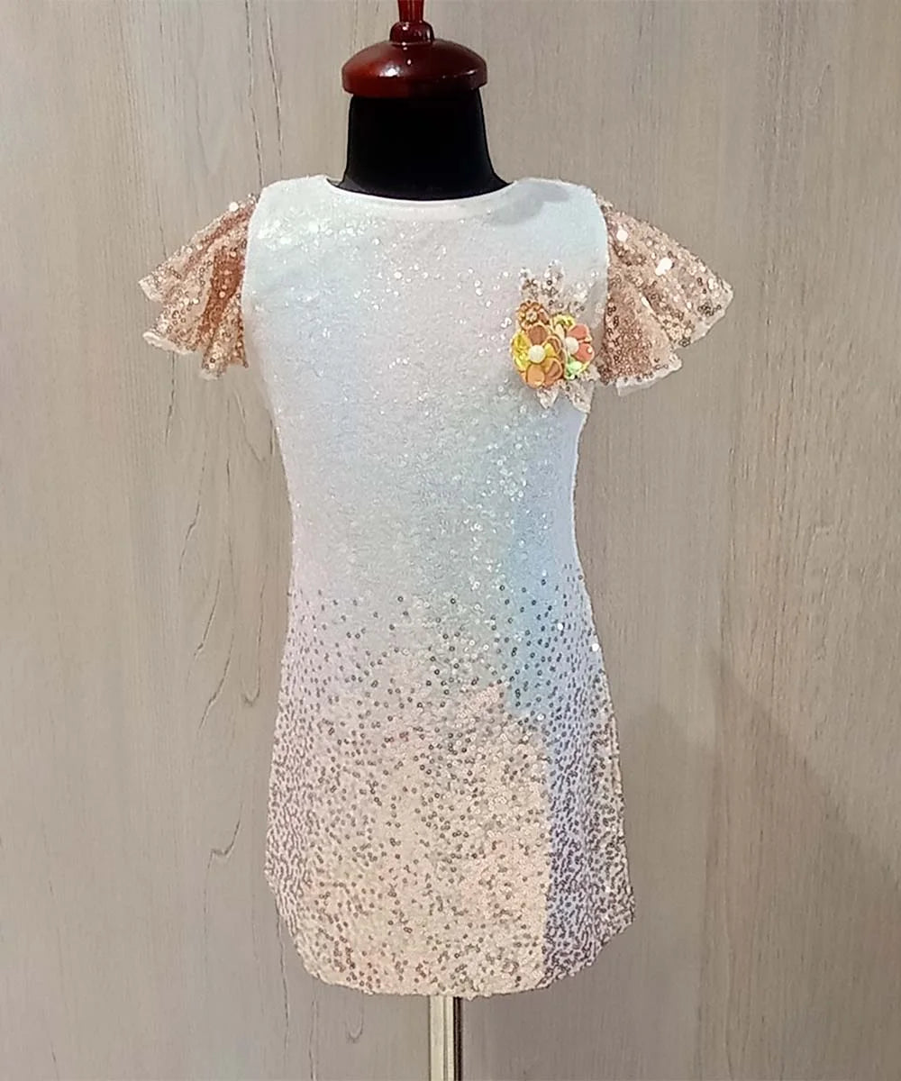 It is a multi Colored straight fit shaded sequin kids party dress with a back zip closure. It features a cute floral broach to add elegance to the dress.
