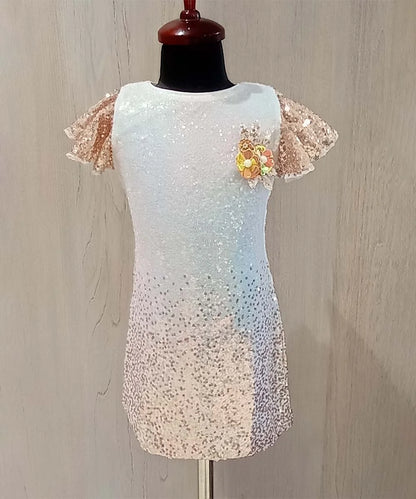 It is a multi Colored straight fit shaded sequin kids party dress with a back zip closure. It features a cute floral broach to add elegance to the dress.