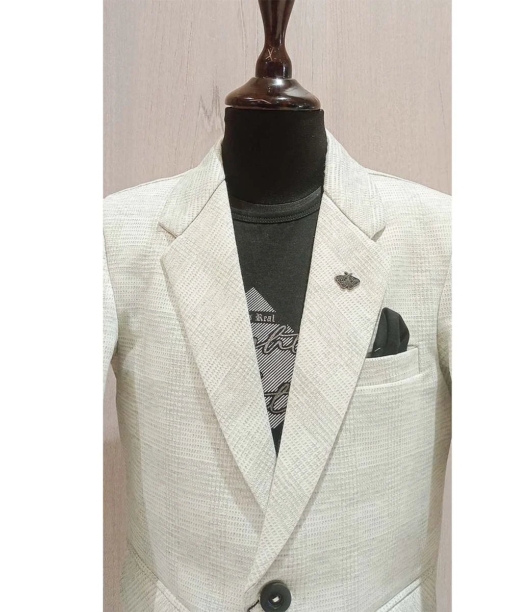 Greyish-White Check-Textured Blazer with a Black T-Shirt for Boys