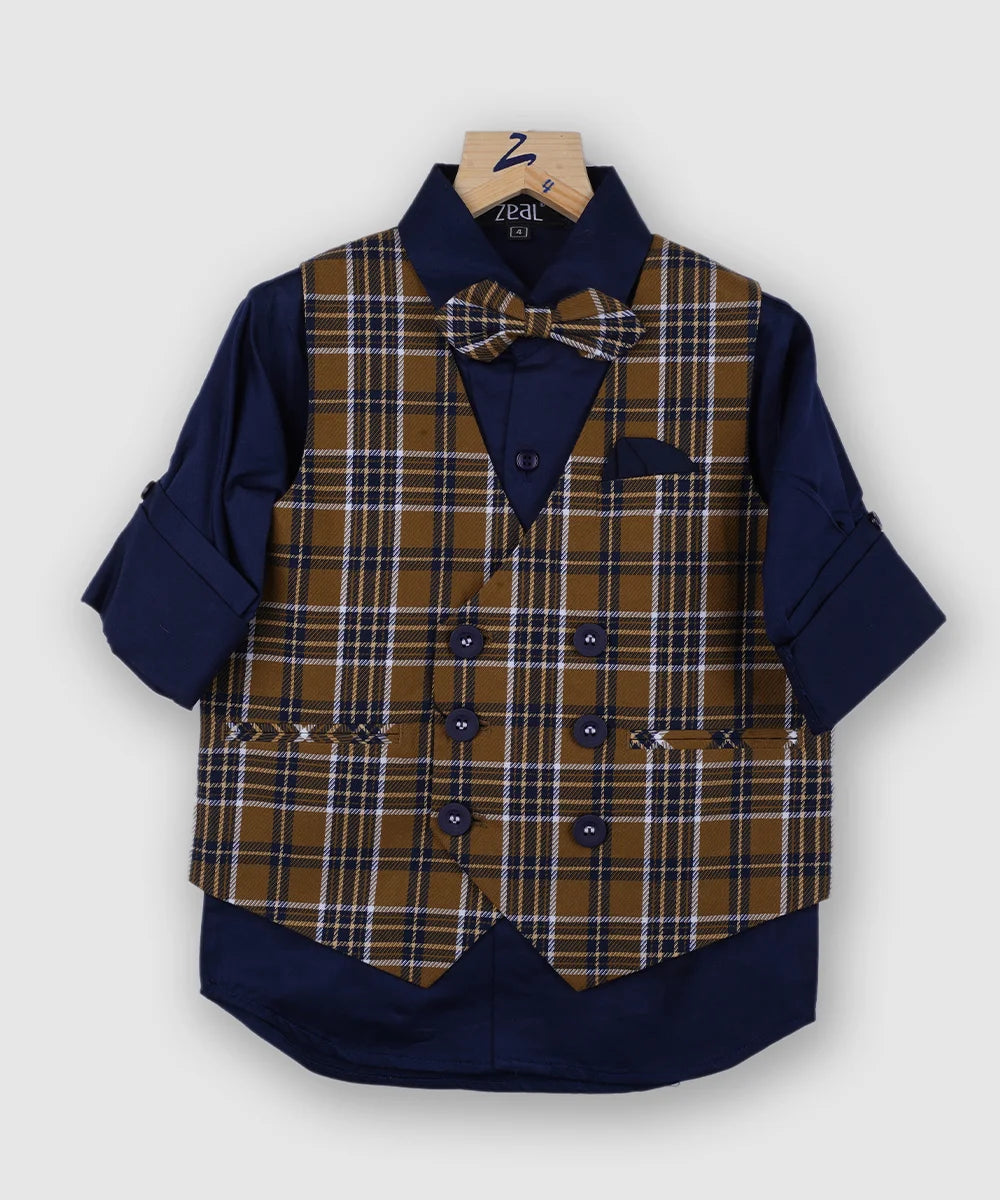  It comes with a navy blue colored cotton shirt, a matching pocket square, navy blue colored self-checkered waist coat, matching checkered bow and Pants. 
