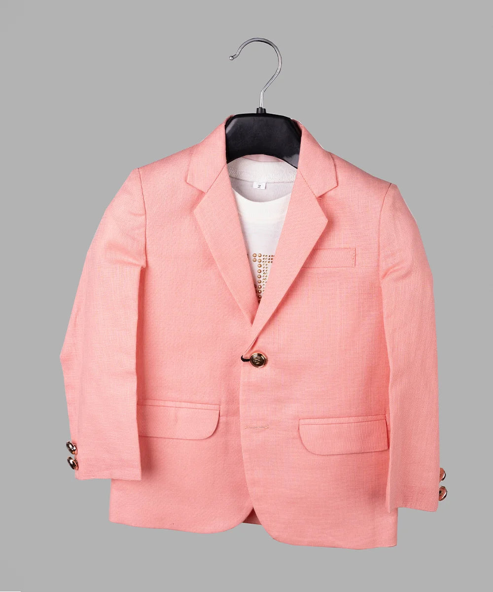 It’s a smart peach color party wear blazer paired with white round neck half sleeve t-shirt for boys. 